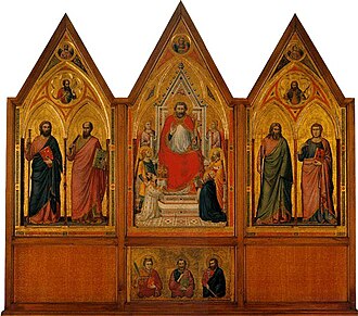 The early 14th century Stefaneschi Triptych. In the central panel is the kneeling figure of Cardinal Stefaneschi …