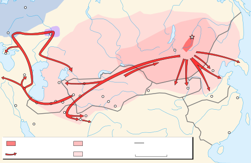 Map of Central Asian Mongol campaigns between 1216 and 1223.