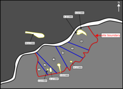 Sketch diagram showing the aerial photograph of Pat Heung in 1989 in Hong Kong. It shows how the yellow current landslides were identified within the red study area on the slopes of the natural terrain using interpretation techniques. A total of seven current landslides were identified. The numbers and years of occurrence are marked with the respective current landslides.[1] (not in scale)