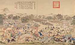 Oroi-Jalatu jangi, 1756. Xitoylik general Chjao Xui jungʻorlarga hozirgi Shinjondagi Vusu shahrida tunda hujum qilmoqda. Muallif: Giuseppe Castiglione.