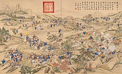 Xurunguy jangi, 1758. General Chjao Xui Xurunguy togʻida (Qozogʻistonning Olmaota shahri yaqinida) Amursananing jungriyalik qoʻshinlarini pistirmaga tushirib, magʻlub etdi. Muallif: Jean-Damascène Sallusti.