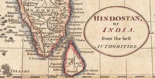 Janubiy Hindiston va Seylonning 1794-yildagi xaritasi. Battikaloa - Seylonning janubi-sharqiy nuqtasidan shimolda