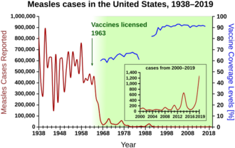 Measles cases 1938-1964 follow a highly variable epidemic pattern, with 150,000-850,000 cases per year. A sharp decline followed introduction of the vaccine in 1963, with fewer than 25,000 cases reported in 1968. Outbreaks around 1971 and 1977 gave 75,000 and 57,000 cases, respectively. Cases were stable at a few thousand per year until an outbreak of 28,000 in 1990. Cases declined from a few hundred per year in the early 1990s to a few dozen in the 2000s.