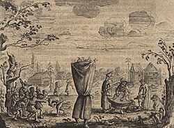 Adam Oleariusning sayohatlarida raqsga tushayotgan ayiq bilan tasvirlangan oʻymakorlik ishi, 1656-yil