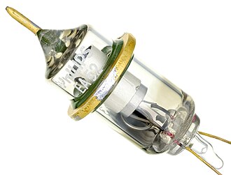 Shaffof shisha kolbali vakuumli elektron lamba, uning ichida metall elektrodlar va ingichka simli kontaktlar yaqqol koʻrinib turibdi.