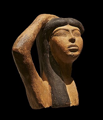 Terracotta sculpture of a woman with her arm flung across her forehead