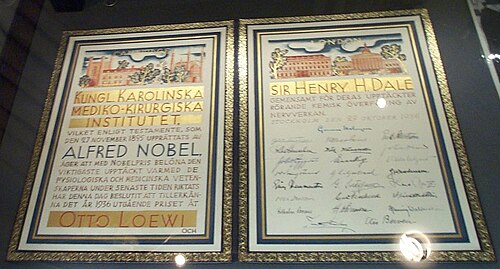 Dalening Nobel mukofoti diplomi, London Qirollik jamiyatida namoyish etilgan.