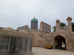Abdulahadxon daxmasi ichidan Qosim Shayx masjidi peshtoqlari va gumbazining koʻrinishi