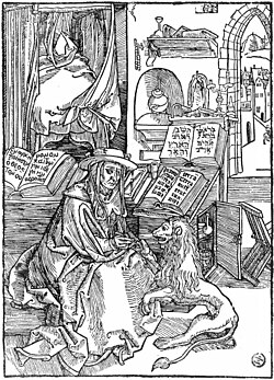 A. Durer. Avliyo Jerom sherning panjasidan parcha olib tashlamoqda. 1492-yil. Yogʻochdagi oʻymakorlik
