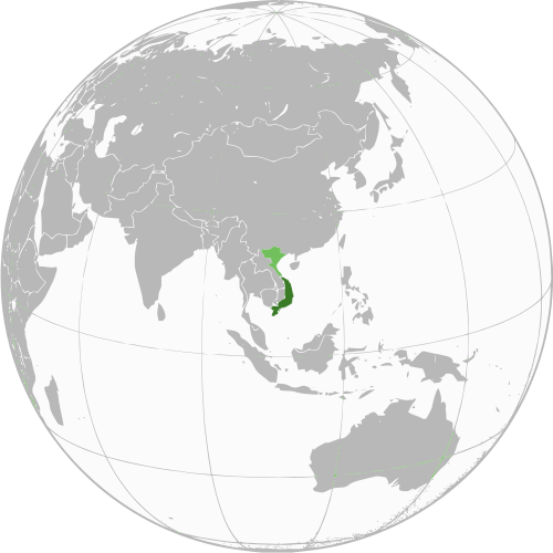1954 yil Jeneva konferensiyasi boʻyicha Vetnam Respublikasining maʼmuriy hududi toʻq yashil rangda koʻrsatilgan