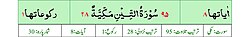 Qurʼon nusxalaridan biridagi Tiyn surasi sarlavhasi. Yuqorida oʻngdan: 1. Oyati 8, 2. Markazda qizil rangda sura tartib raqami 95, qora rangda - Tiyn surasi va Makkiy, qizil rangda nozil boʻlgan tartibi - 28, 3. Rukuʼsi soni - 1; Pastda oʻngdan: 1. Sura:Makkiy, 2. Tilovat tartibi:95, 3. Nozil boʻlish tartibi:28, 4. Rukuʼsi:1, 5. Oyati:8, 6. Porasi (Juzi):30 deb koʻrsatilgan.