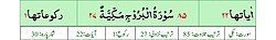 Qurʼon nusxalaridan biridagi Buruj surasi sarlavhasi. Yuqorida oʻngdan: 1. Oyati 22, 2. Markazda qizil rangda sura tartib raqami 85, qora rangda - Buruj surasi va Makkiy, qizil rangda nozil boʻlgan tartibi - 27, 3. Rukuʼsi soni - 1; Pastda oʻngdan: 1. Sura:Makkiy, 2. Tilovat tartibi:85, 3. Nozil boʻlish tartibi:27, 4. Rukuʼsi:1, 5. Oyati:22, 6. Porasi (Juzi):30 deb koʻrsatilgan.