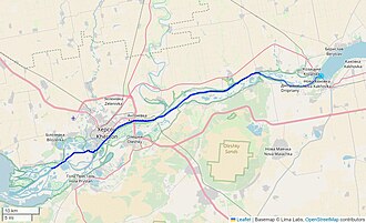Map showing the path of water flowing in the Dnipro River downstream of the Nova Kakhovka dam in Ukraine.