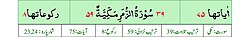 Qurʼon nusxalaridan biridagi Zumar surasi sarlavhasi. Yuqorida oʻngdan: 1. Oyati 75, 2. Markazda qizil rangda sura tartib raqami 39, qora rangda - Zumar surasi va Makkiy, qizil rangda nozil boʻlgan tartibi - 59, 3. Rukuʼsi soni - 8; Pastda oʻngdan: 1. Sura:Makkiy, 2. Tilovat tartibi:39, 3. Nozil boʻlish tartibi:59, 4. Rukuʼsi:8, 5. Oyati:75, 6. Porasi (Juzi):23-24 deb koʻrsatilgan.
