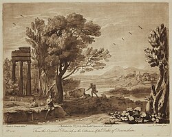 Peyzaj s Apollonom, oxranyayuщim stada Admeta, i Merkuriem, poxiщayuщim ix. Kopiya R. Irloma po originalu K. Lorrena. 1775. Ofort, messo-tinto