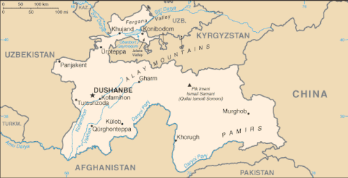 Historical map of Tajikistan showing the border with China
