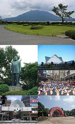 Yuqoridan, chapdan oʻngga: Sengan-en bogʻi, Saigō Takamori haykali, Kagosima akvariumi, Oxara festivali, Tenmonkan, Xirakava hayvonot bogʻi