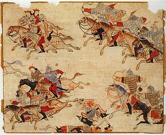 Mounted archers pursue mounted warriors.