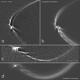 Enceladus geyser tendrils — tasvirlarni („a“; „c“) kompyuter simulyatsiyasi bilan taqqoslash