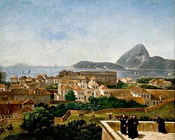 Ruhoniylar Rio-de-Janeyrodagi terrasadan dengiz va shahar manzarasiga qarashmoqda. Braziliya, 1816-yil