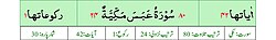 Qurʼon nusxalaridan biridagi Abasa surasi sarlavhasi. Yuqorida oʻngdan: 1. Oyati 42, 2. Markazda qizil rangda sura tartib raqami 80, qora rangda - Abasa surasi va Makkiy, qizil rangda nozil boʻlgan tartibi - 24, 3. Rukuʼsi soni - 1; Pastda oʻngdan: 1. Sura:Makkiy, 2. Tilovat tartibi:80, 3. Nozil boʻlish tartibi:24, 4. Rukuʼsi:1, 5. Oyati:42, 6. Porasi (Juzi):30 deb koʻrsatilgan.