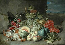 Fruit Piece. 1651—1689-yillar oraligʻida. Xolst, moy boʻyoq. Bowes muzeyi, Angliya