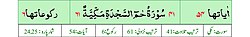 Qurʼon nusxalaridan biridagi Fussilat surasi sarlavhasi. Yuqorida oʻngdan: 1. Oyati 54, 2. Markazda qizil rangda sura tartib raqami 41, qora rangda - suraning ikkinchi nomi - Ha Mim Sajda surasi va Makkiy, qizil rangda nozil boʻlgan tartibi - 61, 3. Rukuʼsi soni - 6; Pastda oʻngdan: 1. Sura:Makkiy, 2. Tilovat tartibi:41, 3. Nozil boʻlish tartibi:61, 4. Rukuʼsi:6, 5. Oyati:54, 6. Porasi (Juzi):24-25 deb koʻrsatilgan.