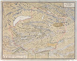 1716—1733-yillarda asirlikda boʻlgan shved ofitseri chizgan Jungʻor xonligi xaritasi. Bugungi kunda Jetisu deb nomlanuvchi mintaqani ham oʻz ichiga oladi.