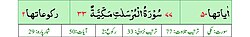Qurʼon nusxalaridan biridagi Mursalot surasi sarlavhasi. Yuqorida oʻngdan: 1. Oyati 50, 2. Markazda qizil rangda sura tartib raqami 77, qora rangda - Mursalot surasi va Makkiy, qizil rangda nozil boʻlgan tartibi - 33, 3. Rukuʼsi soni - 2; Pastda oʻngdan: 1. Sura:Makkiy, 2. Tilovat tartibi:77, 3. Nozil boʻlish tartibi:33, 4. Rukuʼsi:2, 5. Oyati:50, 6. Porasi (Juzi):29 deb koʻrsatilgan.
