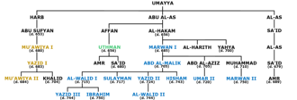 A schematic diagram of the Umayyad ruling family with caliphs highlighted in blue, green and dark yellow