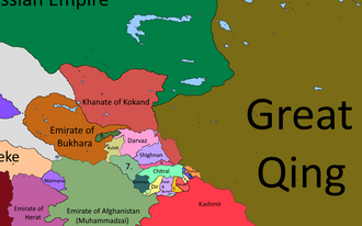 1860-yilda Qoʻqon xonligi va uning atrofidagi davlatlar.