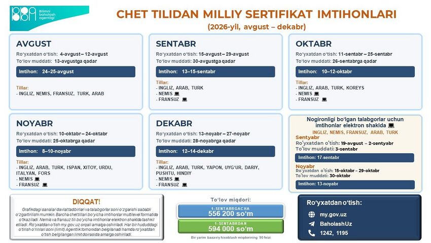 Chet tillaridan 2026-yilning 2-yarmida boʻlib oʻtadigan milliy sertifikat imtihonlari sanalari jadvali