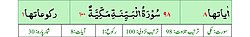 Qurʼon nusxalaridan biridagi Bayyina surasi sarlavhasi. Yuqorida oʻngdan: 1. Oyati 8, 2. Markazda qizil rangda sura tartib raqami 98, qora rangda - Bayyina surasi va Madaniy, qizil rangda nozil boʻlgan tartibi - 100, 3. Rukuʼsi soni - 1; Pastda oʻngdan: 1. Sura:Madaniy, 2. Tilovat tartibi:98, 3. Nozil boʻlish tartibi:100, 4. Rukuʼsi:1, 5. Oyati:8, 6. Porasi (Juzi):30 deb koʻrsatilgan.