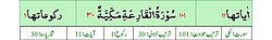 Qurʼon nusxalaridan biridagi Qoria surasi sarlavhasi. Yuqorida oʻngdan: 1. Oyati 11, 2. Markazda qizil rangda sura tartib raqami 101, qora rangda - Qoria surasi va Makkiy, qizil rangda nozil boʻlgan tartibi - 30, 3. Rukuʼsi soni - 1; Pastda oʻngdan: 1. Sura:Makkiy, 2. Tilovat tartibi:101, 3. Nozil boʻlish tartibi:30, 4. Rukuʼsi:1, 5. Oyati:11, 6. Porasi (Juzi):30 deb koʻrsatilgan.