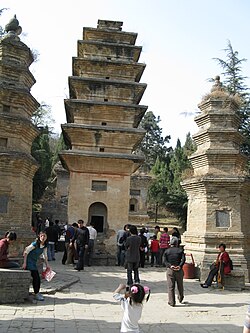 Pagoda oʻrmoni (yaqin koʻrinish), taxminan 300 metr (980 ft), Henandagi Shaolin monastirining gʻarbida joylashgan