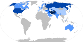Map showing the presence of Persian speakers in the countries of the world by shades of blue, based on File:BlankMap-World.svg.