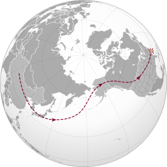 A map of the world, showing a snaking line from the middle of China, across the Pacific Ocean, through Alaska and Canada, and into the northwestern United States
