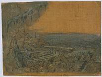 Segers, osilgan archa bilan landshaft, c. 1615- 1630 -yillar; zigʻir matosiga naqsh va rang berish