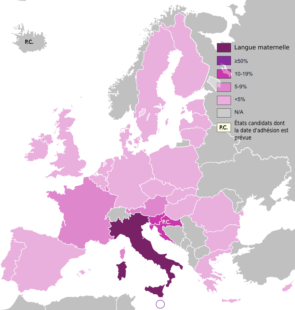 Fayl:Knowledge of Italian EU map-fr.svg