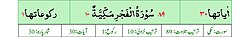 Qurʼon nusxalaridan biridagi Fajr surasi sarlavhasi. Yuqorida oʻngdan: 1. Oyati 30, 2. Markazda qizil rangda sura tartib raqami 89, qora rangda - Fajr surasi va Makkiy, qizil rangda nozil boʻlgan tartibi - 10, 3. Rukuʼsi soni - 1; Pastda oʻngdan: 1. Sura:Makkiy, 2. Tilovat tartibi:89, 3. Nozil boʻlish tartibi:10, 4. Rukuʼsi:1, 5. Oyati:30, 6. Porasi (Juzi):30 deb koʻrsatilgan.