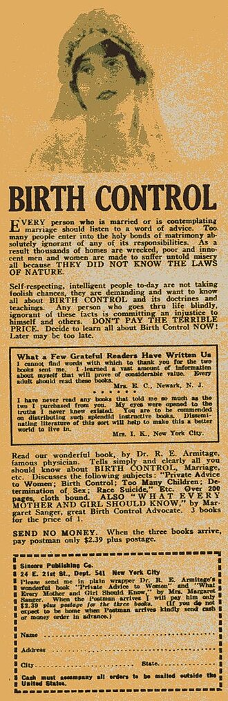 A newspaper advertisement selling birth control products. A womanʼs head is shown, with text underneath.