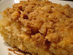 A close-up view of applesauce walnut coffee cake