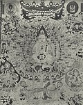 Mogao g‘orlaridagi 144-g‘or devoriy rasmi: Ming qo‘lli va ming piyolali Mañjuśrī. Paul Pelliot tomonidan 1908-yilda suratga olingan.