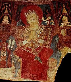 The triple-crescent crown in the „Hunter King“ mural from Kakrak (7th-8th century CE) has been compared to the triple-crown in some of the coinage of Afghanistan. Wall paintings from the 7th-8th century, Kabul Museum.