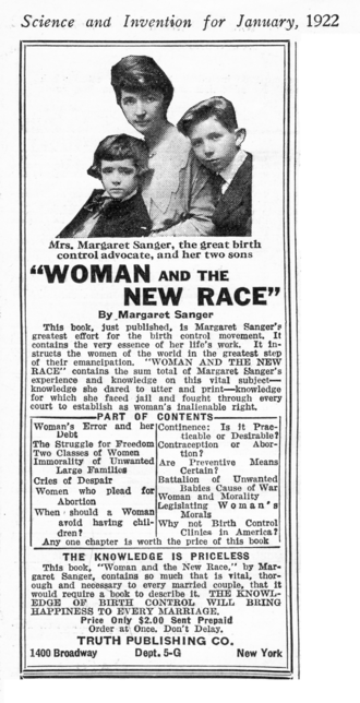 An advertisement for a book entitled „Woman and the New Race“. At the top is a photo of a woman, seated affectionately with her two sons.
