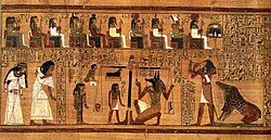 Osiris sudida yurakni tarozida tortish sahnasi. Ani papirusi, taxminan. Miloddan avvalgi 1300-yil, Britaniya muzeyi