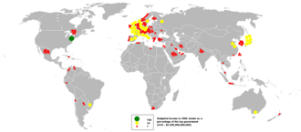 Ushbu pufakchali xarita 2006-yilda byudjetga kiritilgan soliq va soliq bo'lmagan tushumlarning global taqsimotini yuqori hukumatning foizi sifatida ko'rsatadi (AQSh - $2,409,000,000,000).