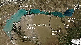 Balxash ko'li va Basral orolining kosmosdan ko'rinishi. (2002-yil avgust)